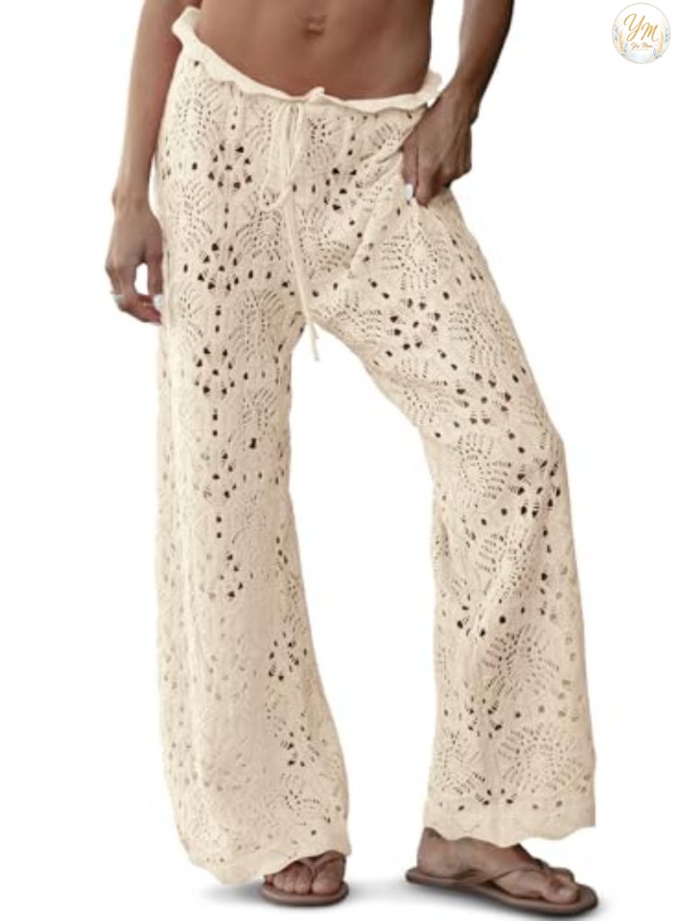Crochet Swim Coverup Pants High Waisted Sheer Beach Pants